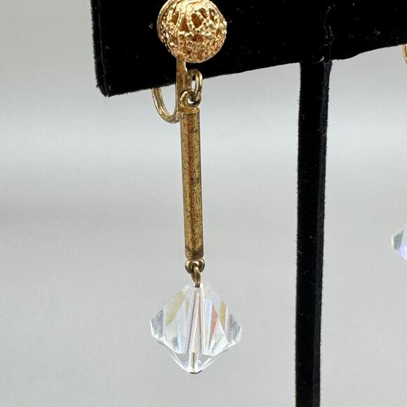 Vintage Gold Filigree Ball Aurora Borealis Crystal Drop Clip on Earrings - Picture 5 of 13